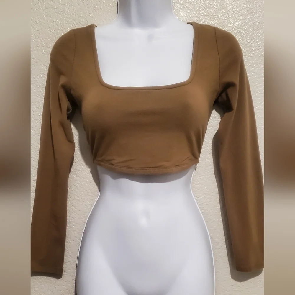 Free People Beach Brown Taupe Long Sleeve Square Neck Crop Top Size Small